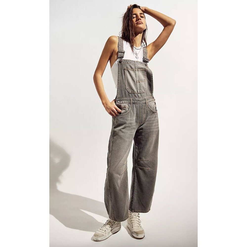 Free People NWT We The Free Good Luck Barrel Overalls Size Large Grey Jeans